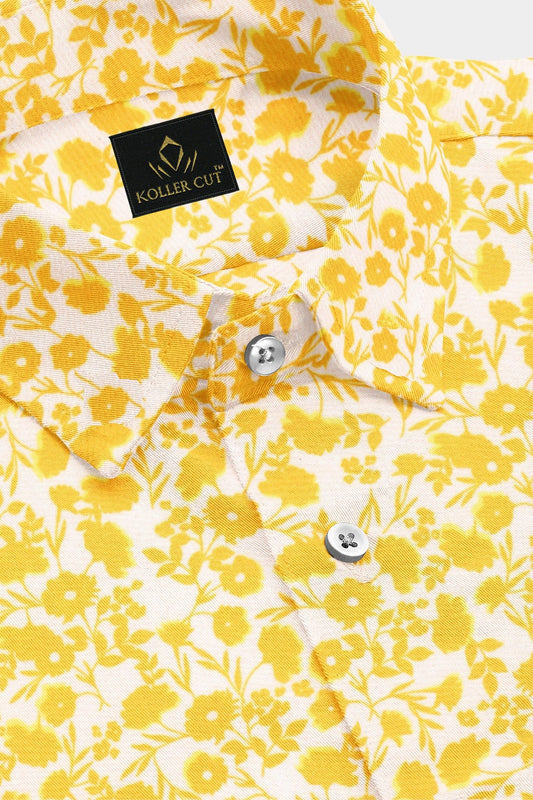 White and Daffodil Yellow Flower Printed Cotton Shirt