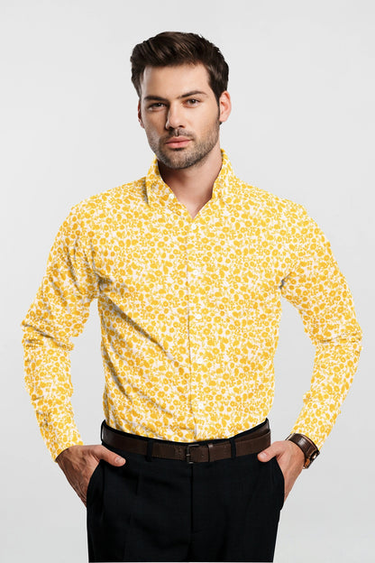 White and Daffodil Yellow Flower Printed Cotton Shirt