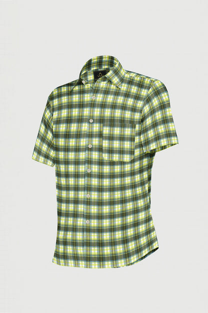 White with Limeade Yellow and Olive Green Checks Cotton Shirt