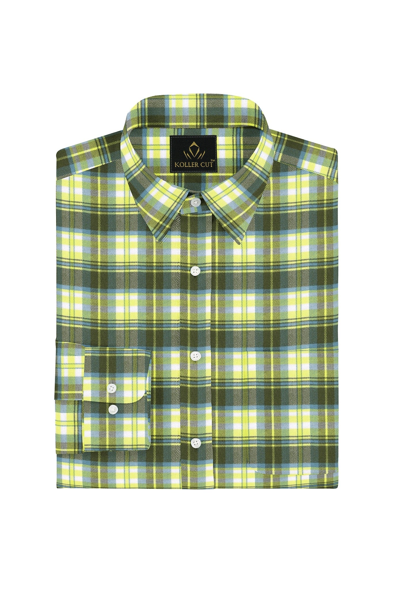 White with Limeade Yellow and Olive Green Checks Cotton Shirt