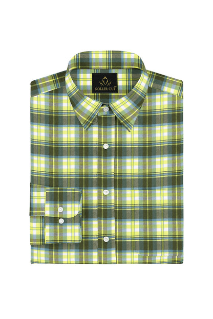 White with Limeade Yellow and Olive Green Checks Cotton Shirt