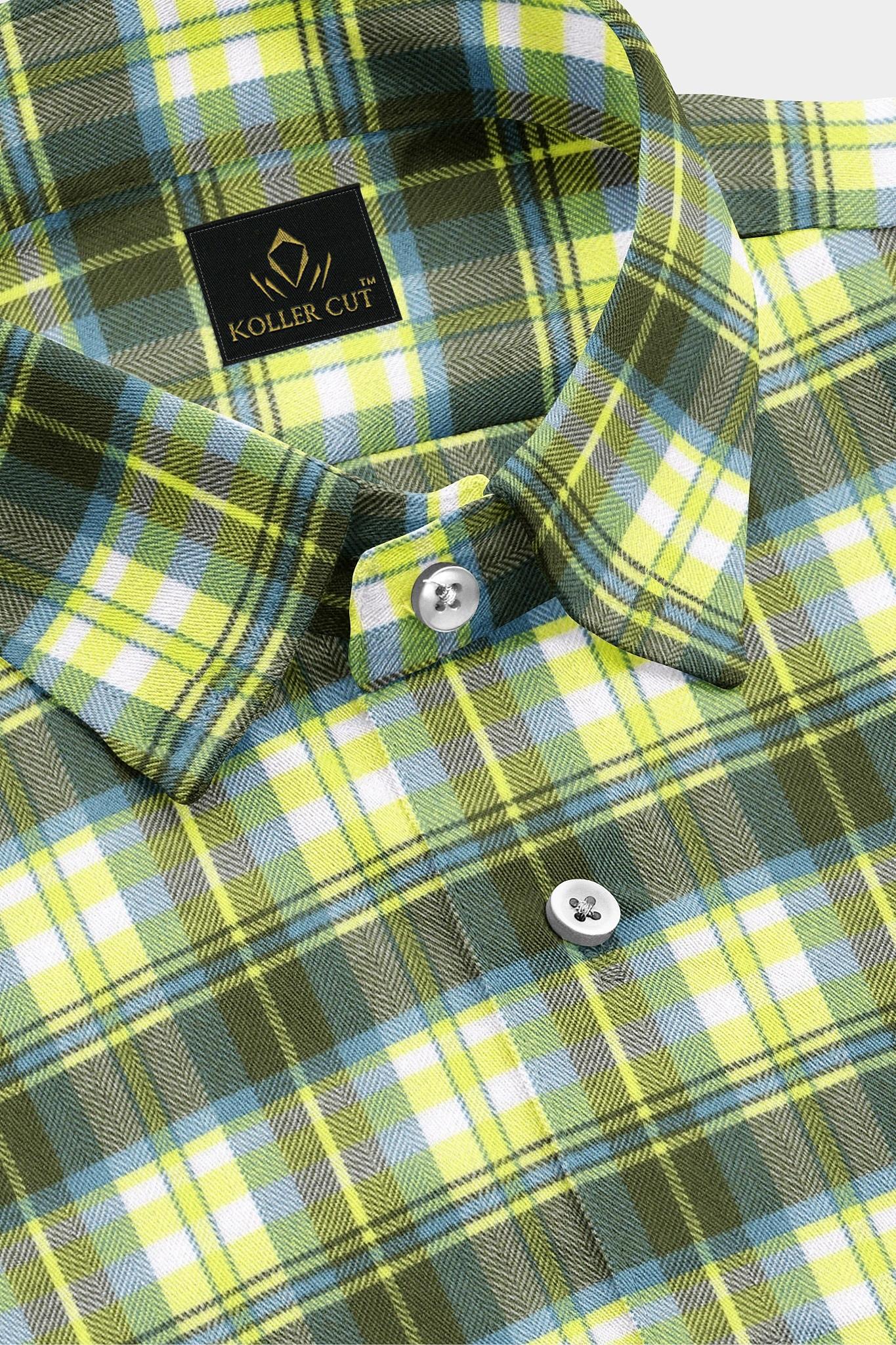 White with Limeade Yellow and Olive Green Checks Cotton Shirt