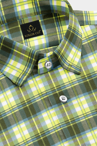White with Limeade Yellow and Olive Green Checks Cotton Shirt