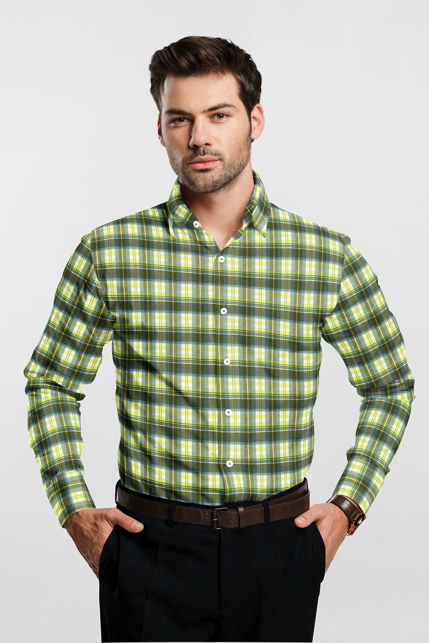 White with Limeade Yellow and Olive Green Checks Cotton Shirt