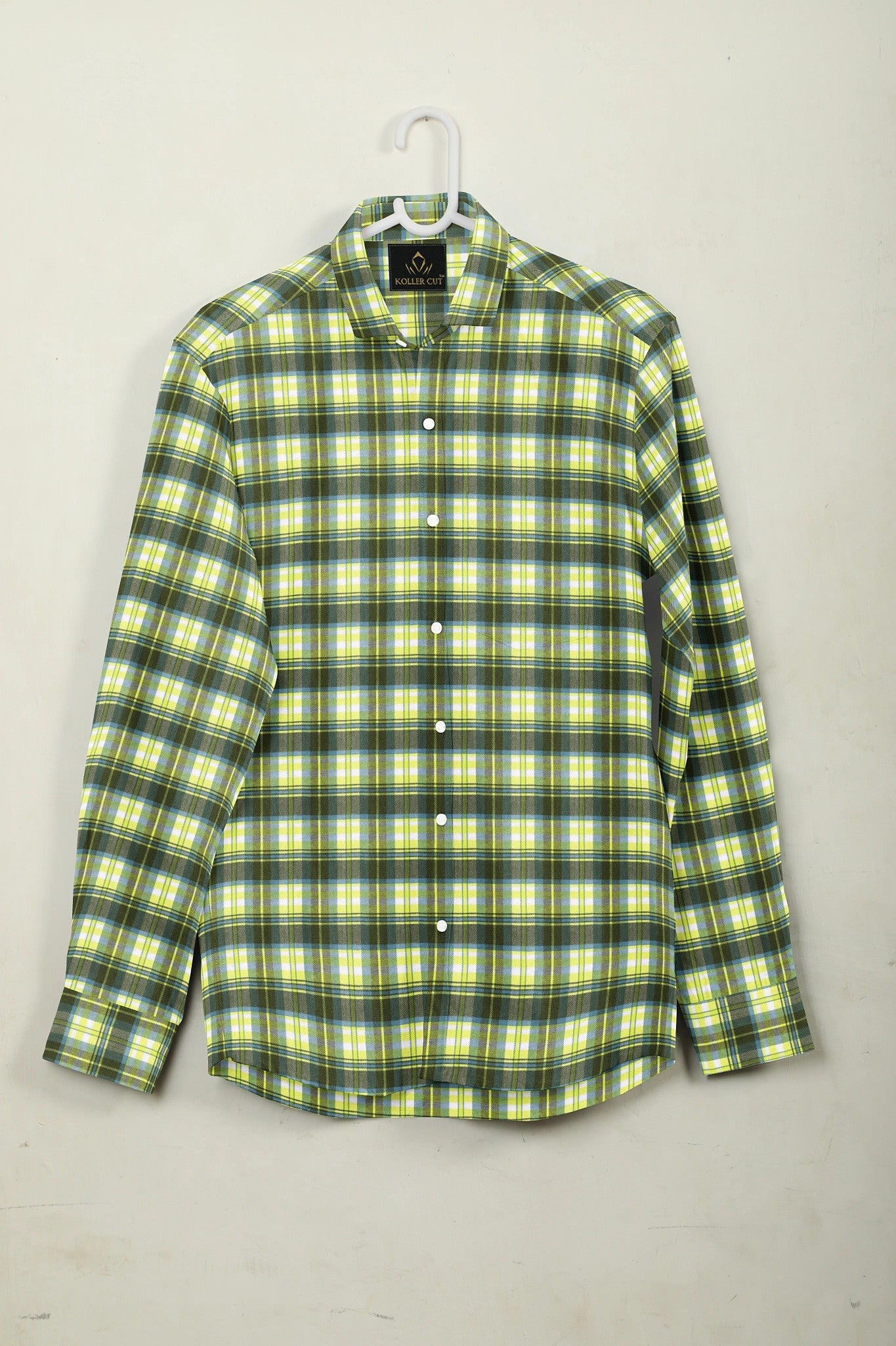 White with Limeade Yellow and Olive Green Checks Cotton Shirt