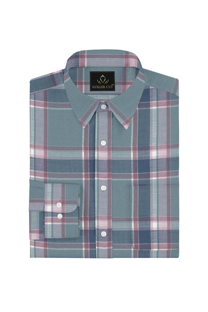 Cadet Blue with Brick Red and Federal Blue Checks Cotton Shirt
