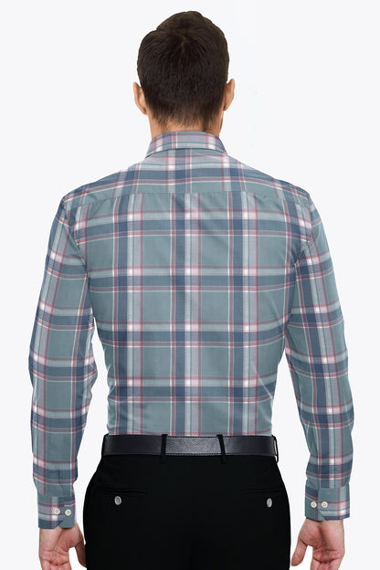 Cadet Blue with Brick Red and Federal Blue Checks Cotton Shirt