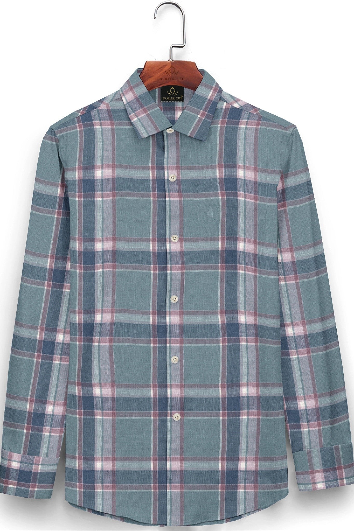 Cadet Blue with Brick Red and Federal Blue Checks Cotton Shirt