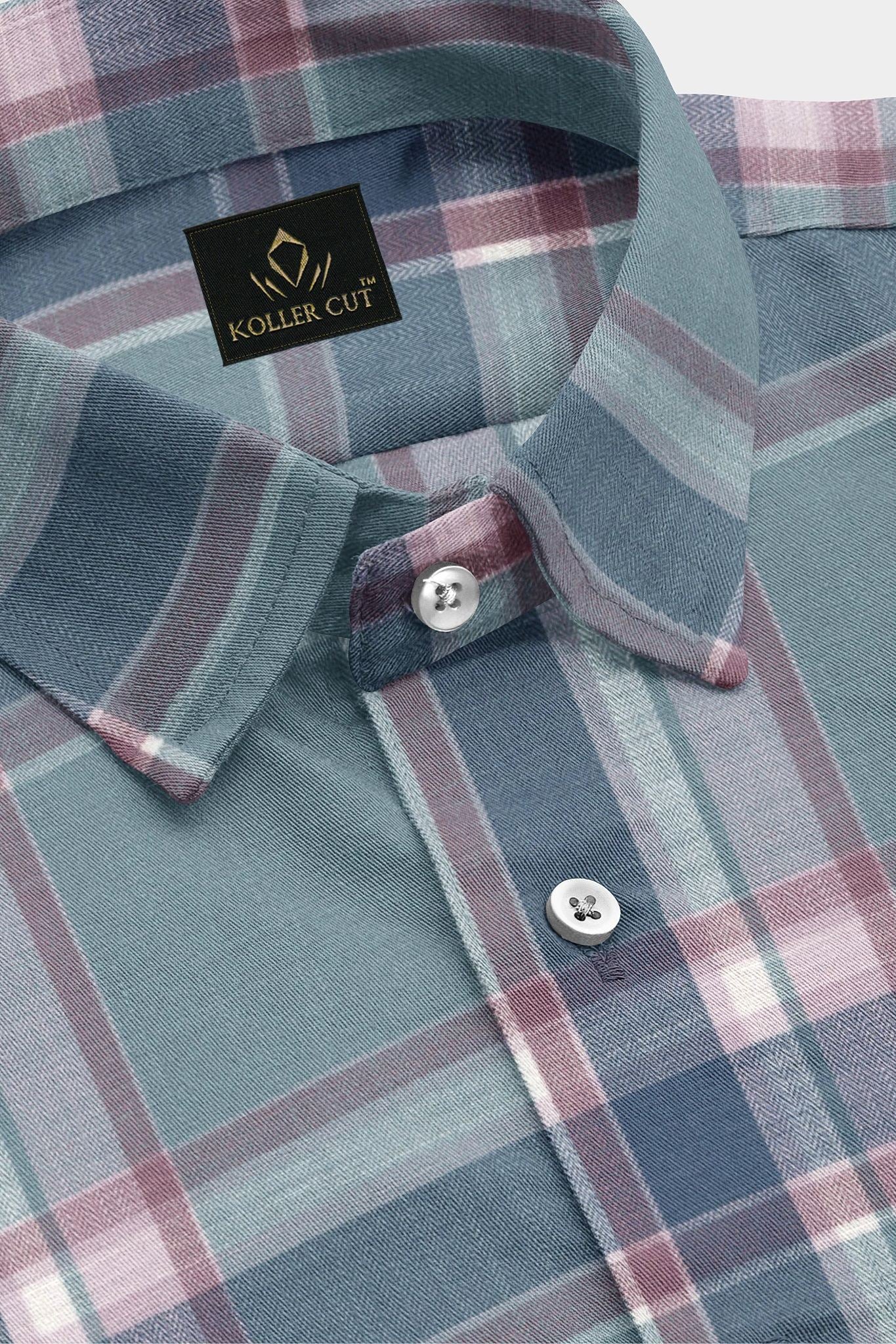 Cadet Blue with Brick Red and Federal Blue Checks Cotton Shirt