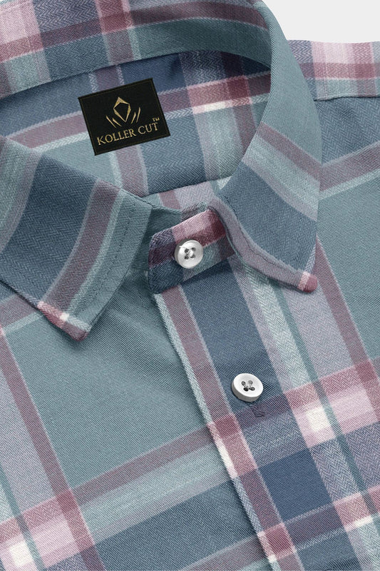 Cadet Blue with Brick Red and Federal Blue Checks Cotton Shirt