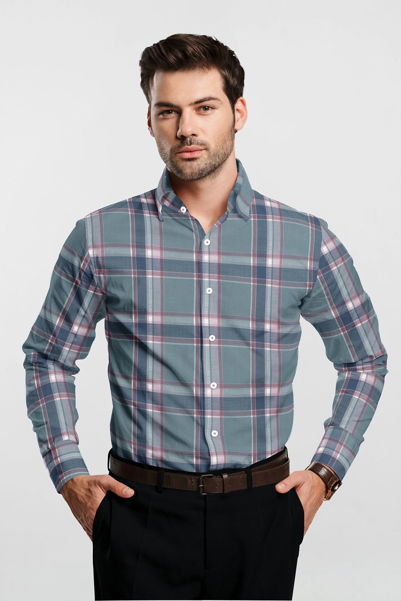 Cadet Blue with Brick Red and Federal Blue Checks Cotton Shirt