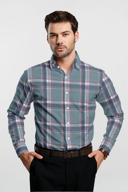 Cadet Blue with Brick Red and Federal Blue Checks Cotton Shirt