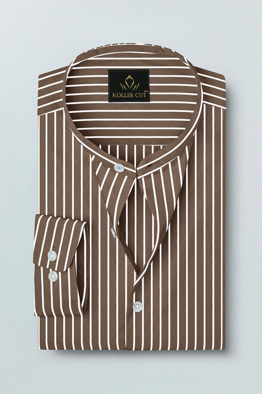 Tortilla Brown and White Mandarin Collar Pinstripes Men's Cotton Shirt