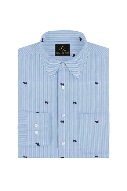 White and Marina Blue Bulldog Printed Pinstripes Cotton Shirt