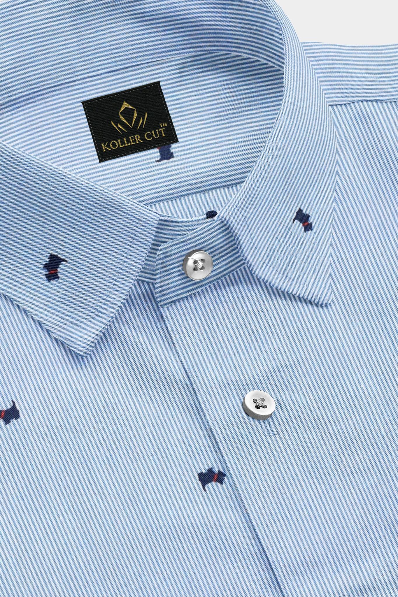 White and Marina Blue Bulldog Printed Pinstripes Cotton Shirt