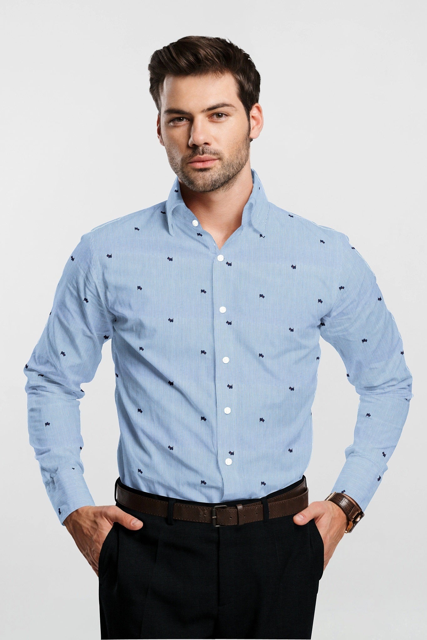 White and Marina Blue Bulldog Printed Pinstripes Cotton Shirt