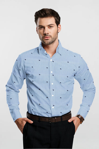 White and Marina Blue Bulldog Printed Pinstripes Cotton Shirt