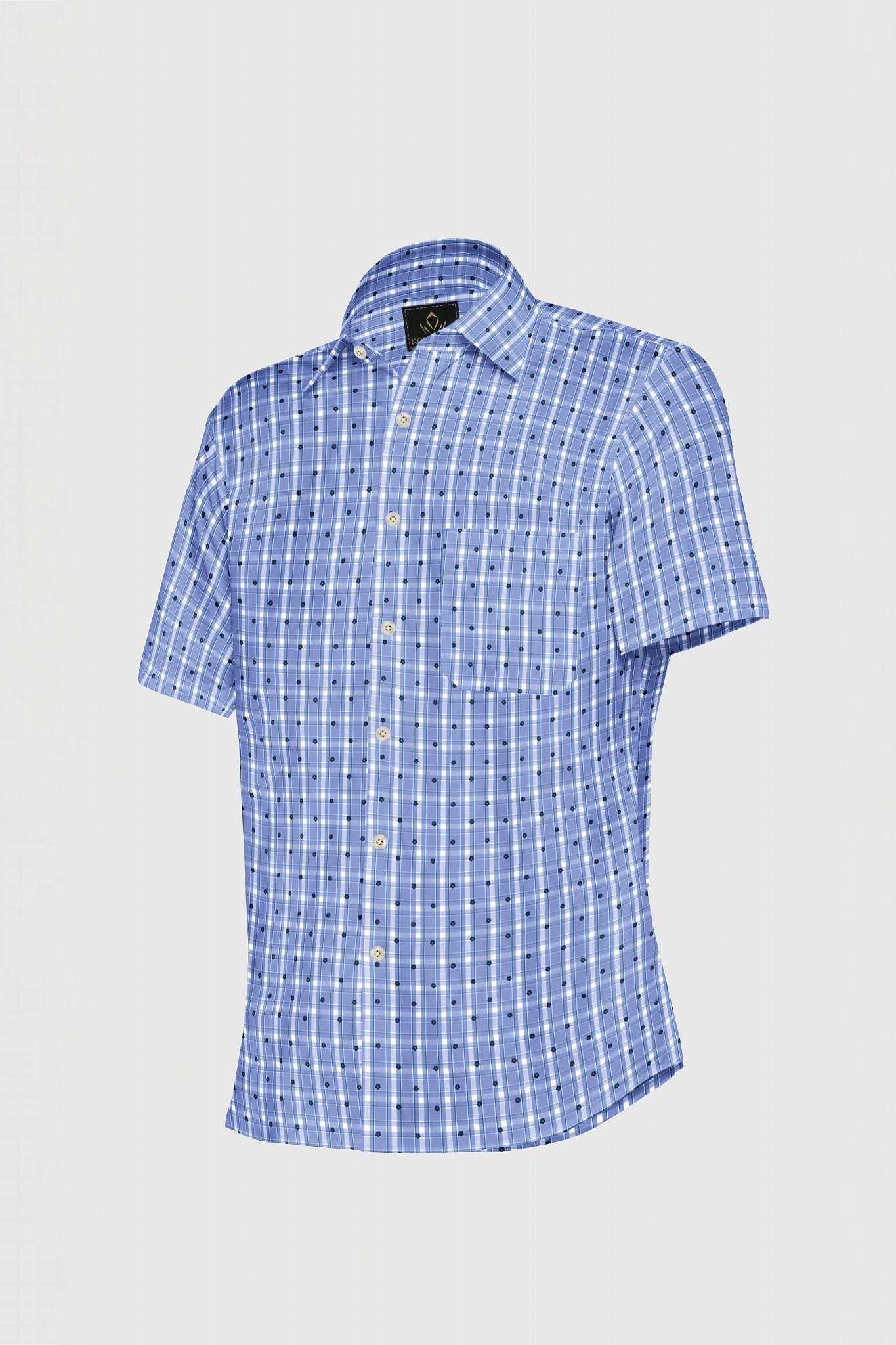 Ethereal Blue with White and Navy Periwinkle Flower Print Checks Cotton Shirt