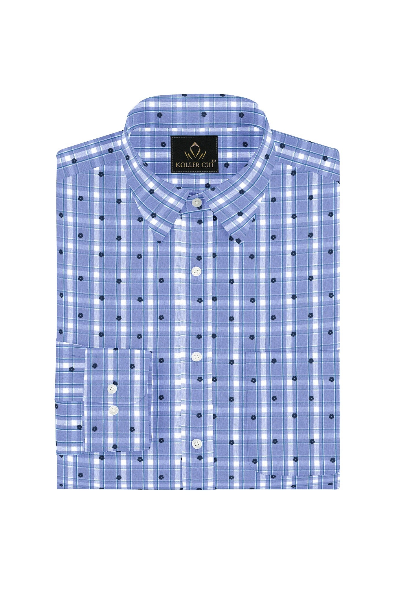 Ethereal Blue with White and Navy Periwinkle Flower Print Checks Cotton Shirt
