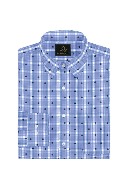 Ethereal Blue with White and Navy Periwinkle Flower Print Checks Cotton Shirt