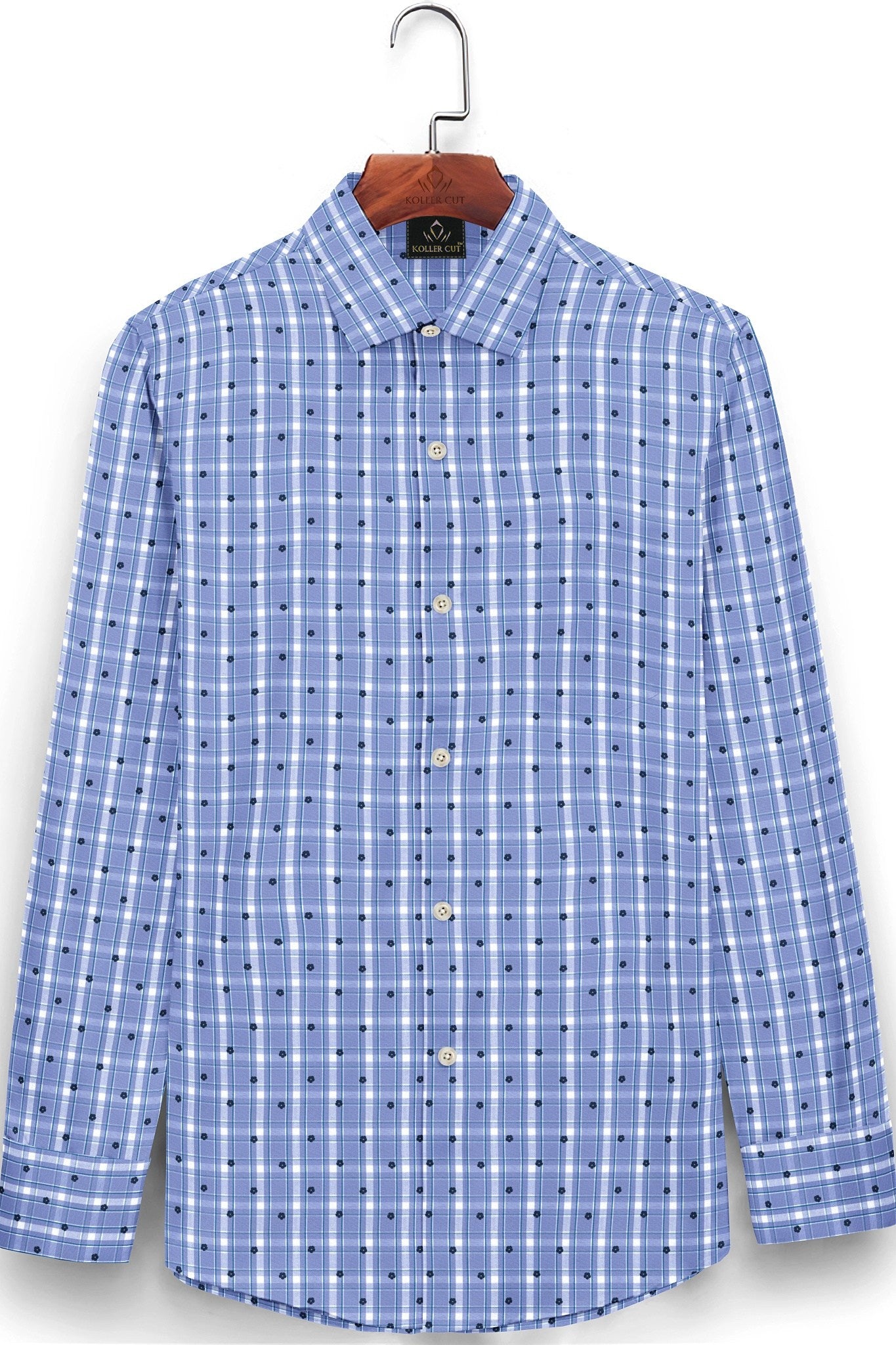 Ethereal Blue with White and Navy Periwinkle Flower Print Checks Cotton Shirt