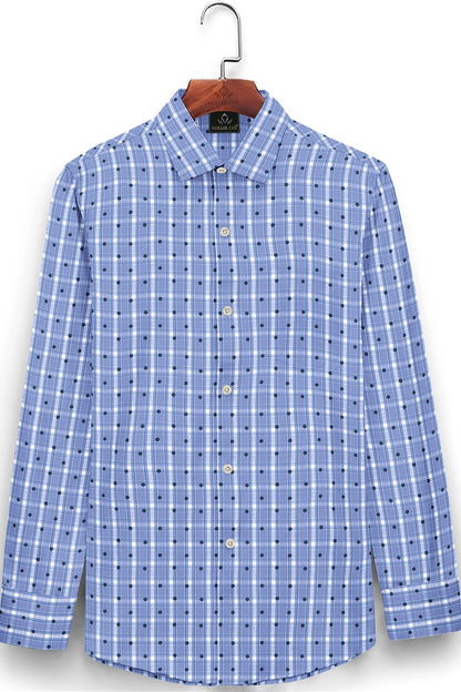 Ethereal Blue with White and Navy Periwinkle Flower Print Checks Cotton Shirt