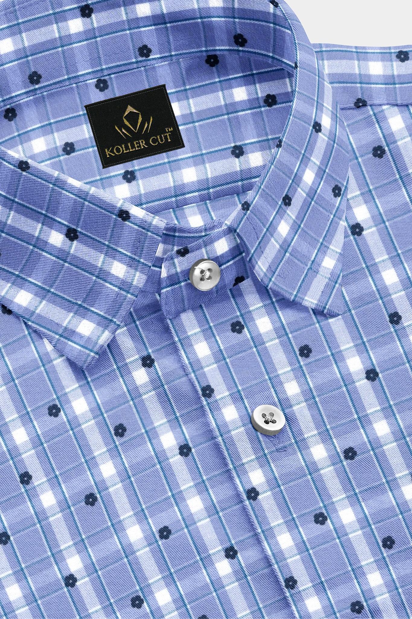 Ethereal Blue with White and Navy Periwinkle Flower Print Checks Cotton Shirt
