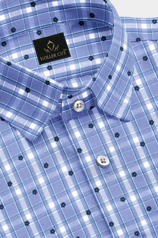 Ethereal Blue with White and Navy Periwinkle Flower Print Checks Cotton Shirt