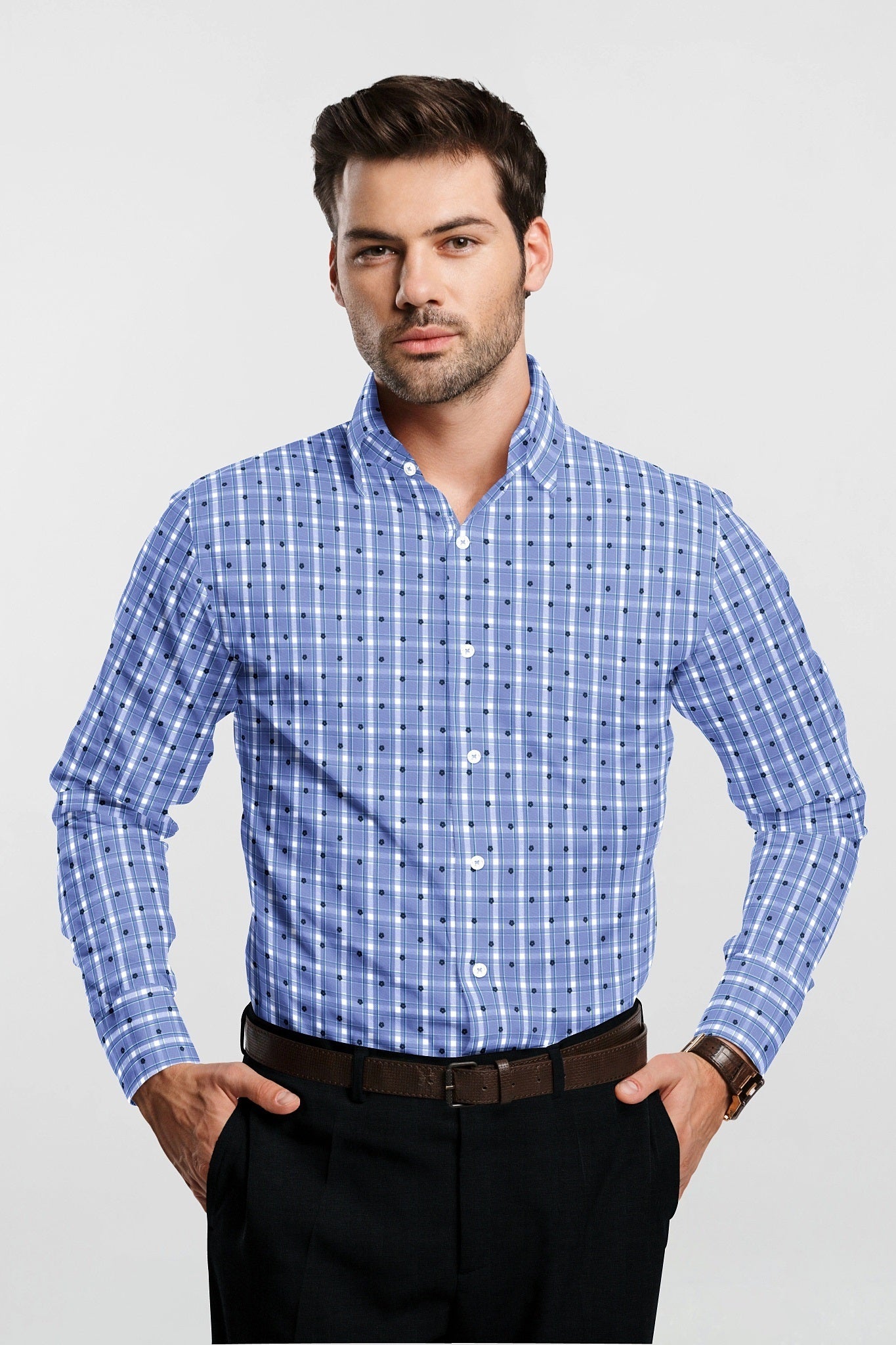 Ethereal Blue with White and Navy Periwinkle Flower Print Checks Cotton Shirt