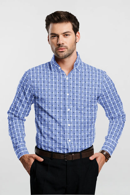 Ethereal Blue with White and Navy Periwinkle Flower Print Checks Cotton Shirt