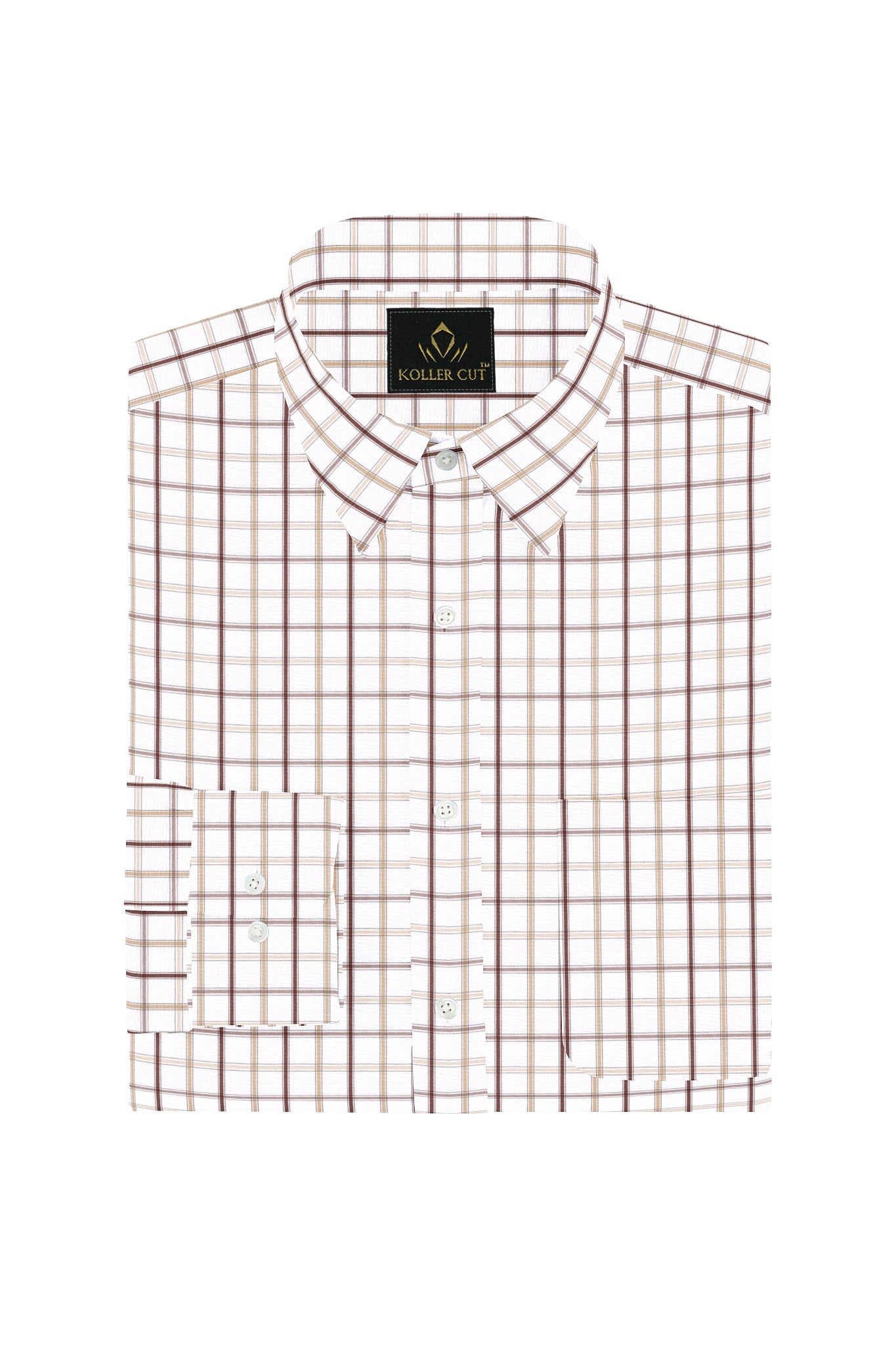 White with Mocha Brown and Beige Checks Cotton Shirt