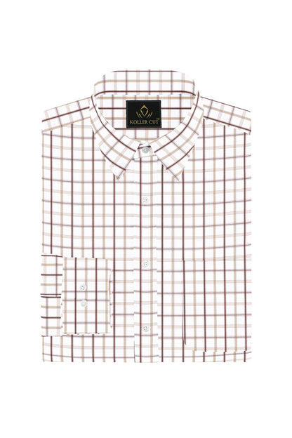 White with Mocha Brown and Beige Checks Cotton Shirt