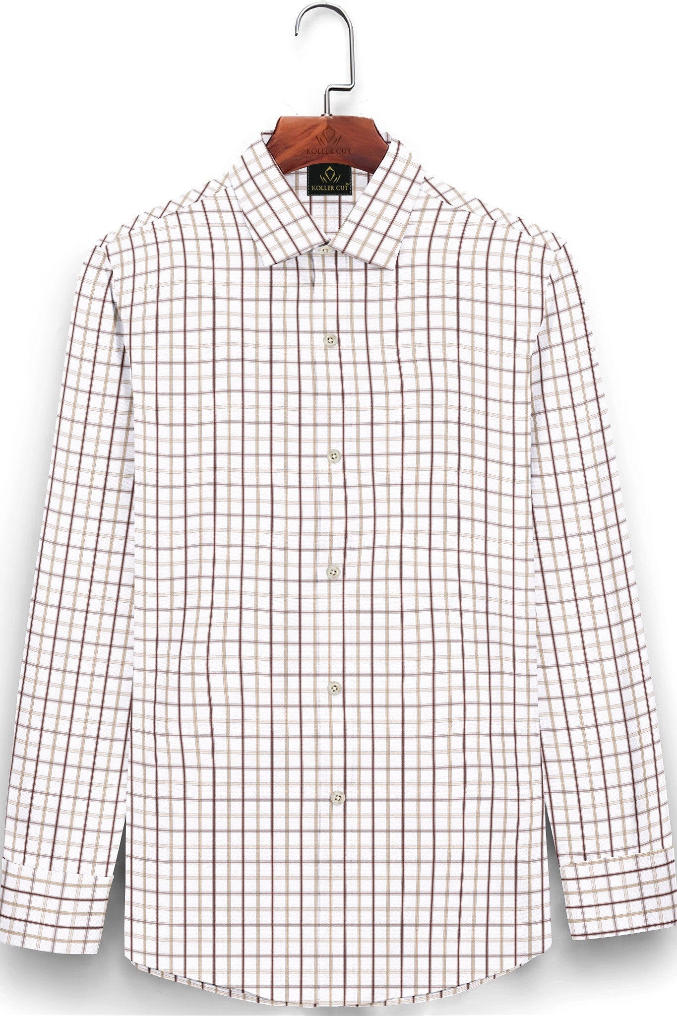 White with Mocha Brown and Beige Checks Cotton Shirt