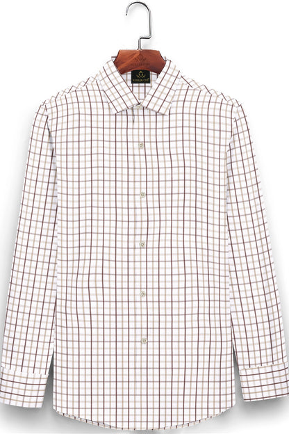 White with Mocha Brown and Beige Checks Cotton Shirt