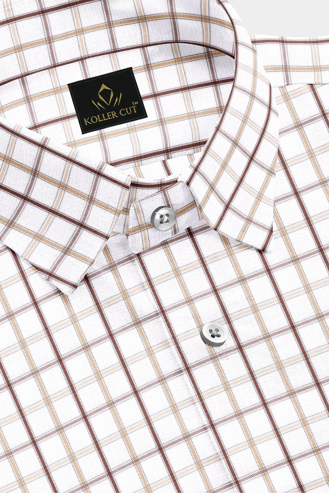 White with Mocha Brown and Beige Checks Cotton Shirt