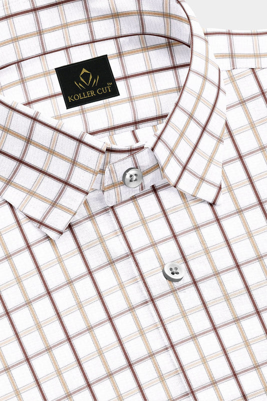White with Mocha Brown and Beige Checks Cotton Shirt