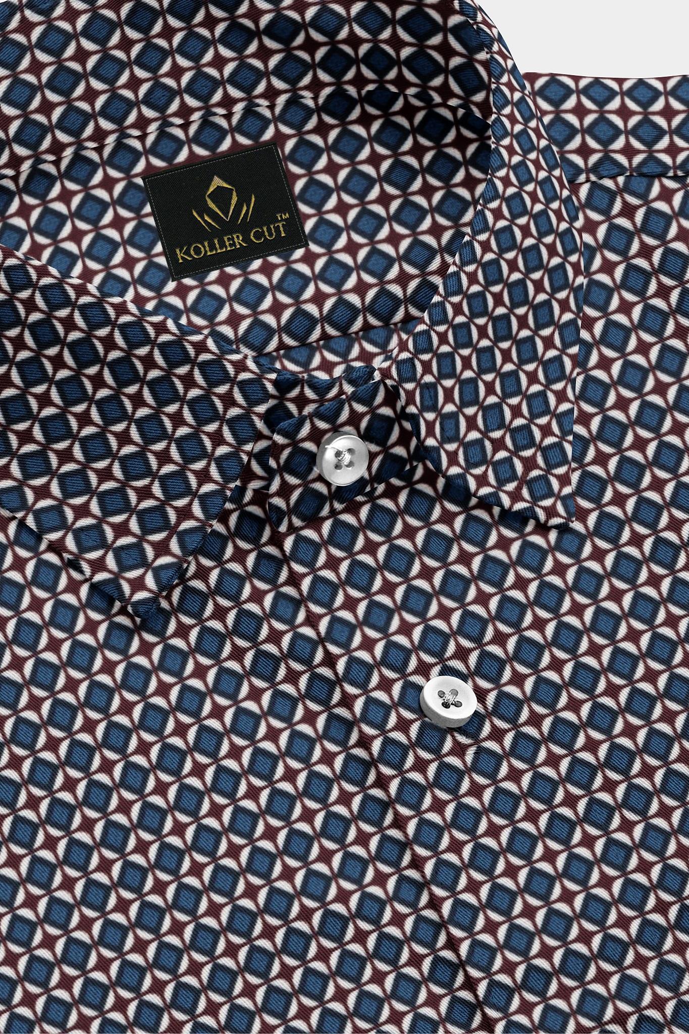 Gibraltar Blue with Russet Brown and White Diamond Printed Cotton Shirt