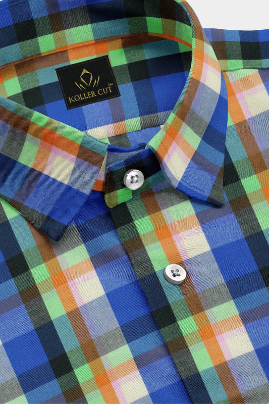 Indigo Blue Celosia Orange and Paradise Green Checks Cotton Shirt