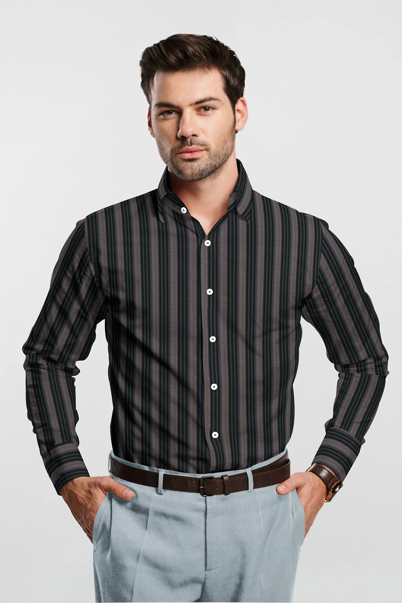 Brown and Belgravia Green and Pineapple Yellow Stripes Cotton Shirt