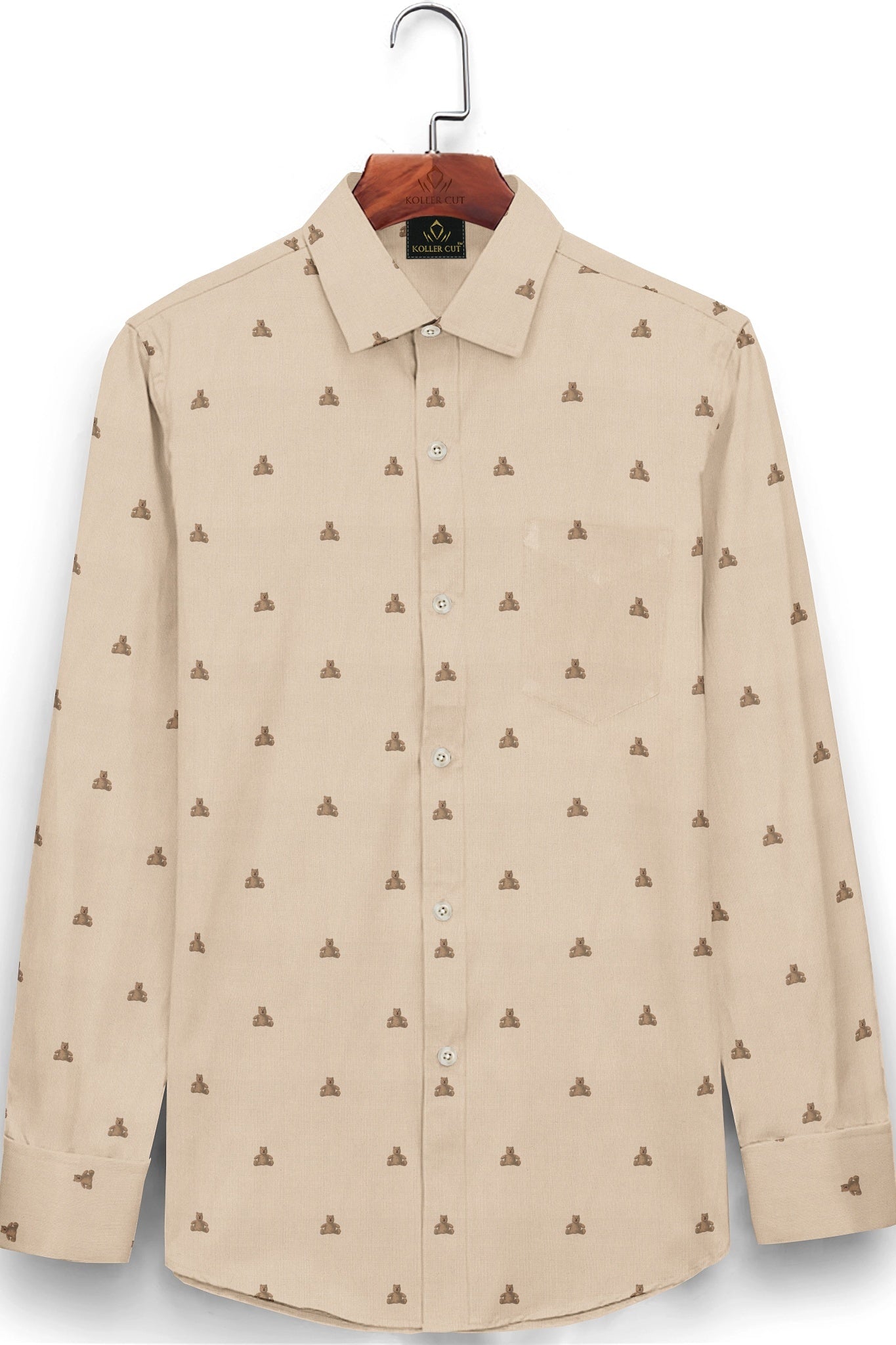 Beige and Biscotti Cream Teddy Bear Printed Cotton Shirt