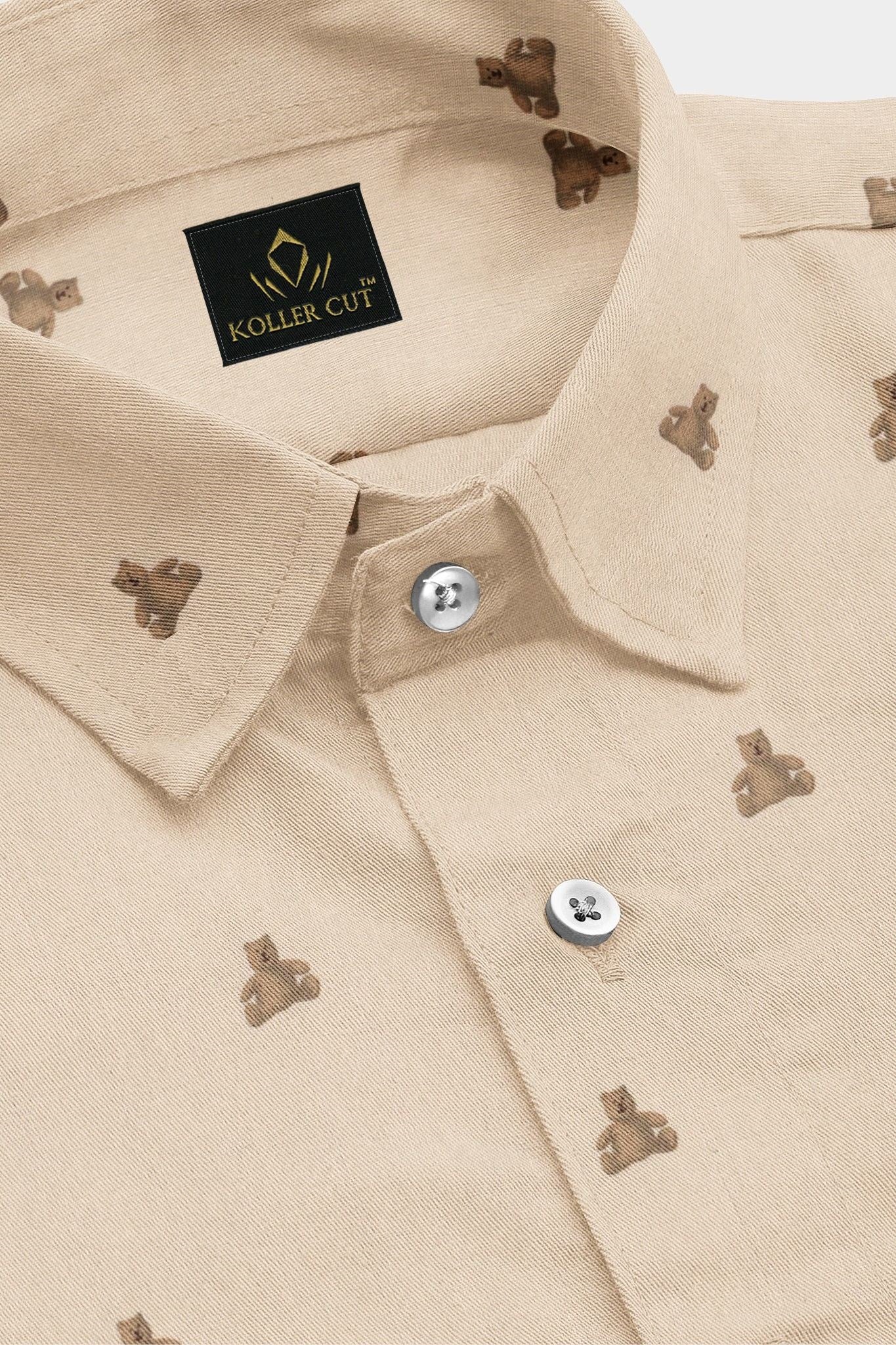 Beige and Biscotti Cream Teddy Bear Printed Cotton Shirt