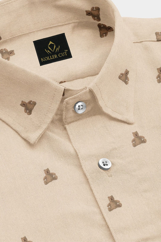 Beige and Biscotti Cream Teddy Bear Printed Cotton Shirt