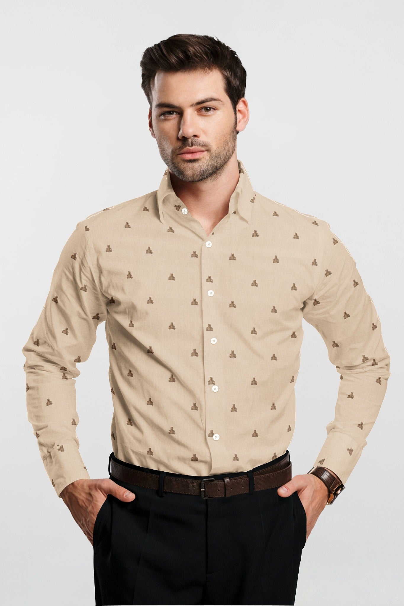Beige and Biscotti Cream Teddy Bear Printed Cotton Shirt