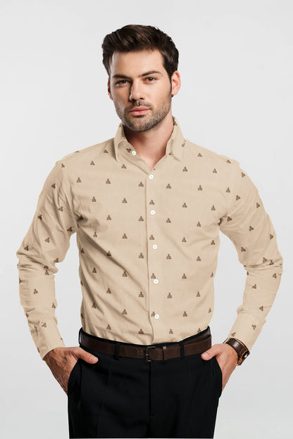 Beige and Biscotti Cream Teddy Bear Printed Cotton Shirt