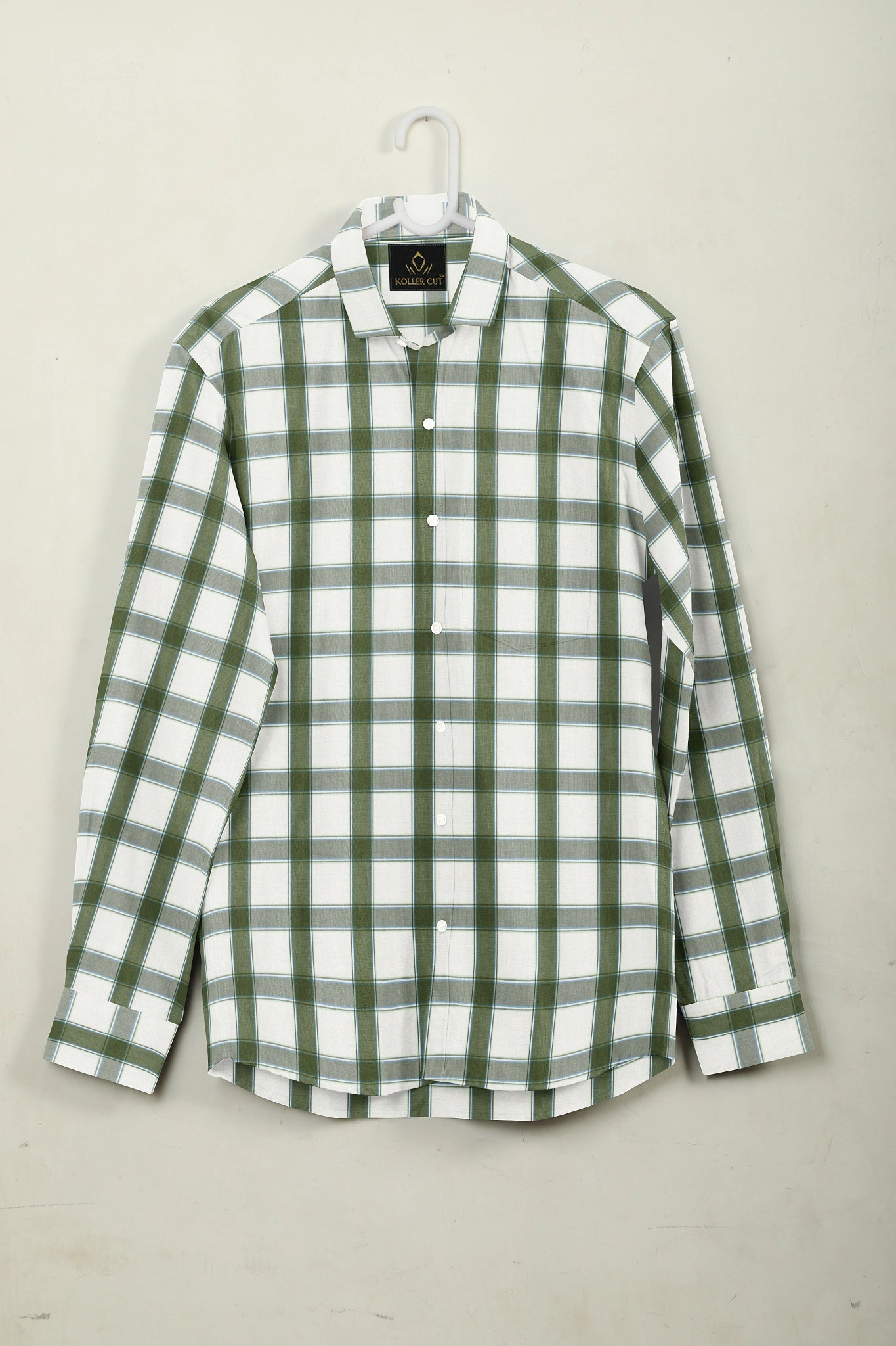 White and Cactus Green Checks Cotton Shirt