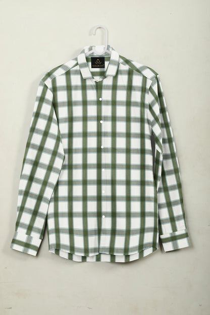 White and Cactus Green Checks Cotton Shirt