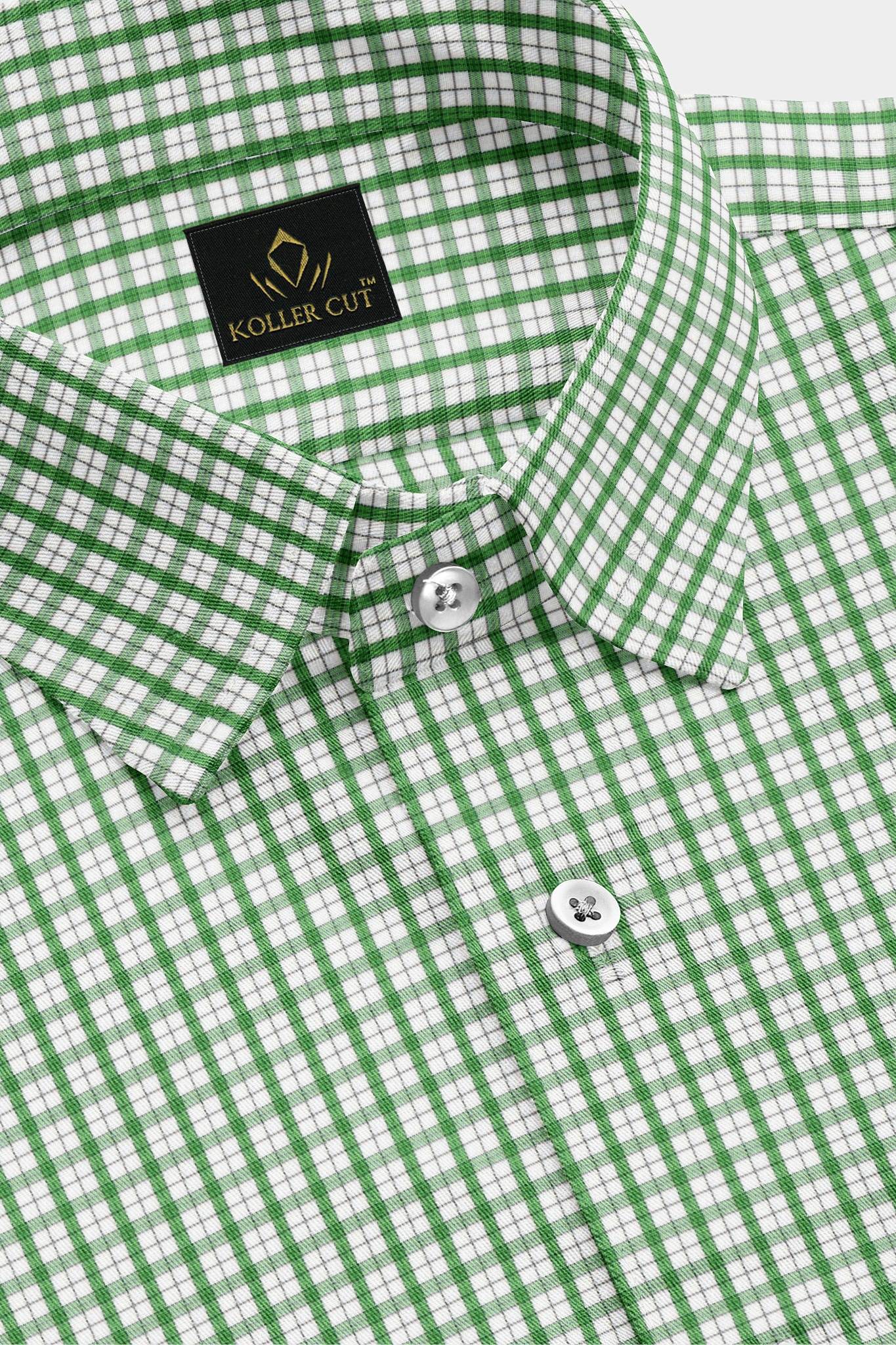 White and Kelly Green Checks Cotton Shirt
