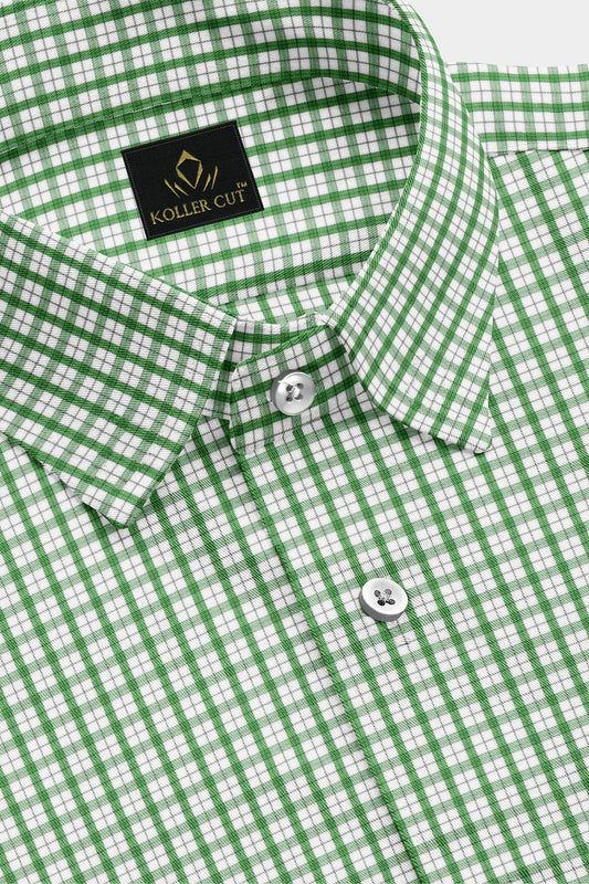White and Kelly Green Checks Cotton Shirt