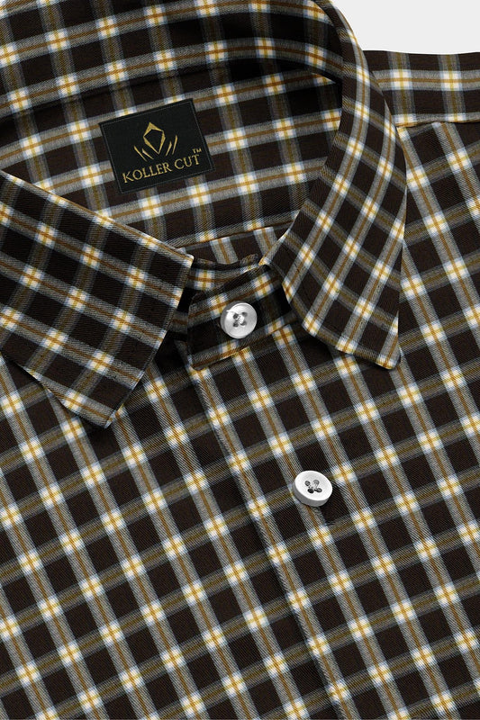 Chocolate Brown with White and Golden Brown Gingham Checks Cotton Shirt