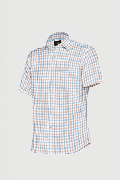 White with Fuzz Peach and Cerulean Blue Checks Cotton Shirt